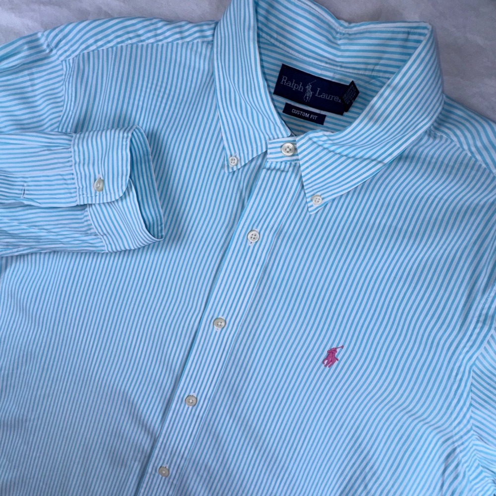 Ralph Lauren Button Down Shirt Mens L Blue White Striped Custom Fit Pink Pony